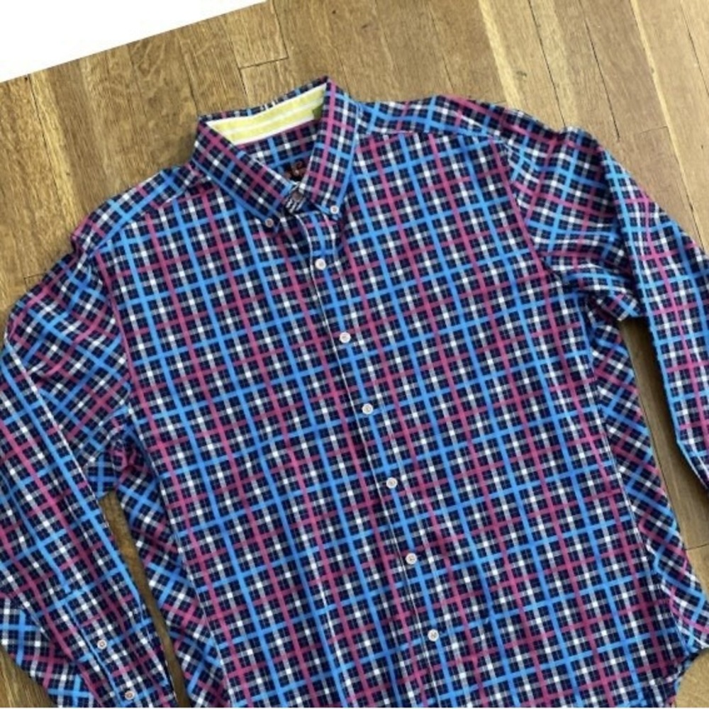 Robert Graham X Tailored Fit Flip Cuff Black Pink Blue Gingham Plaid XL Flaw